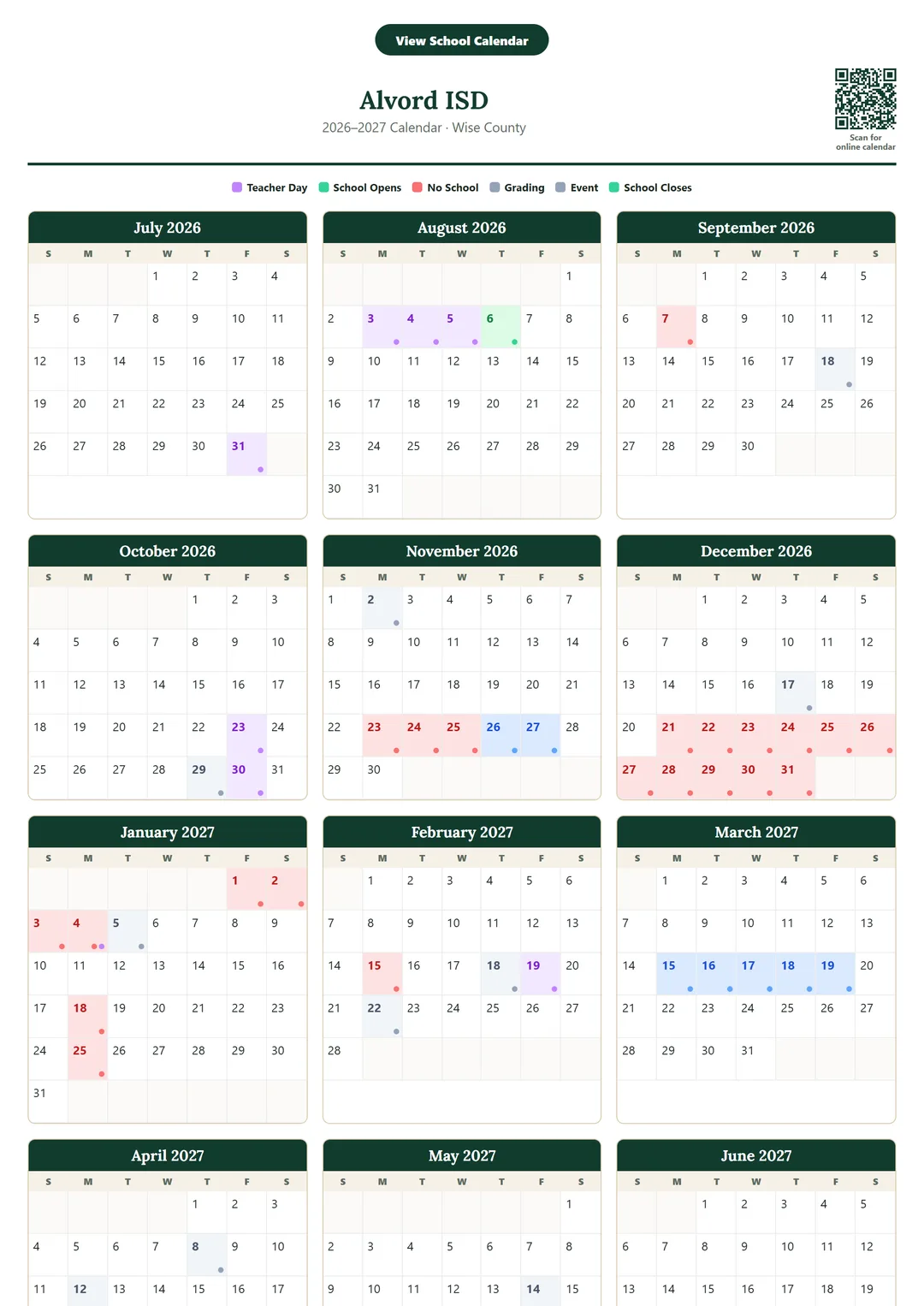 Alvord ISD printable 2026–2027 calendar