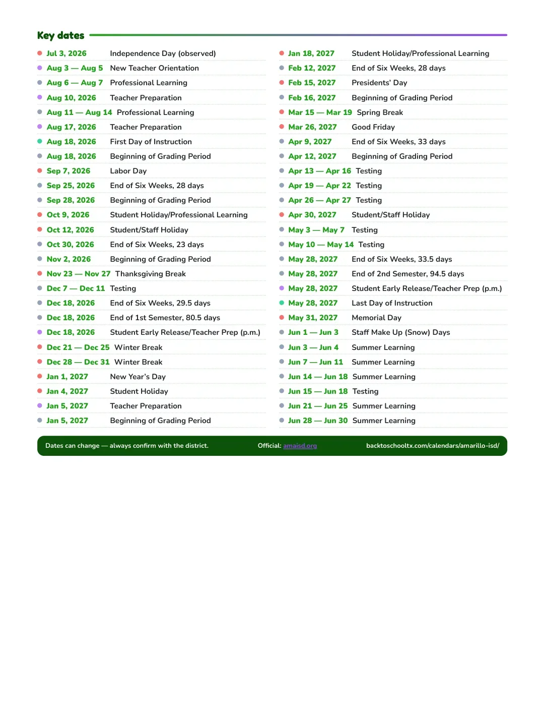 Amarillo ISD Calendar for the Year 26-27 — key dates