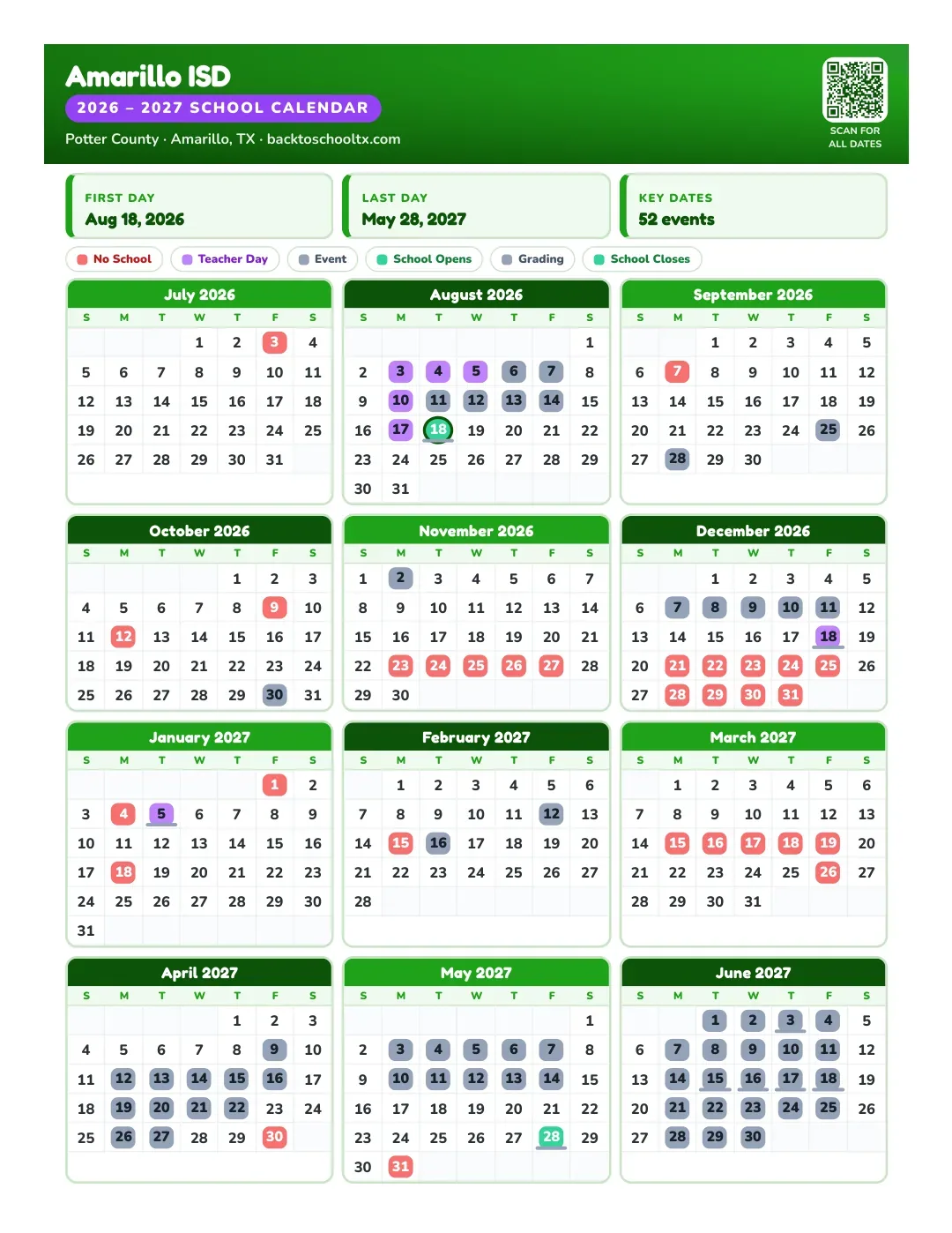 Amarillo ISD Calendar for the Year 26-27