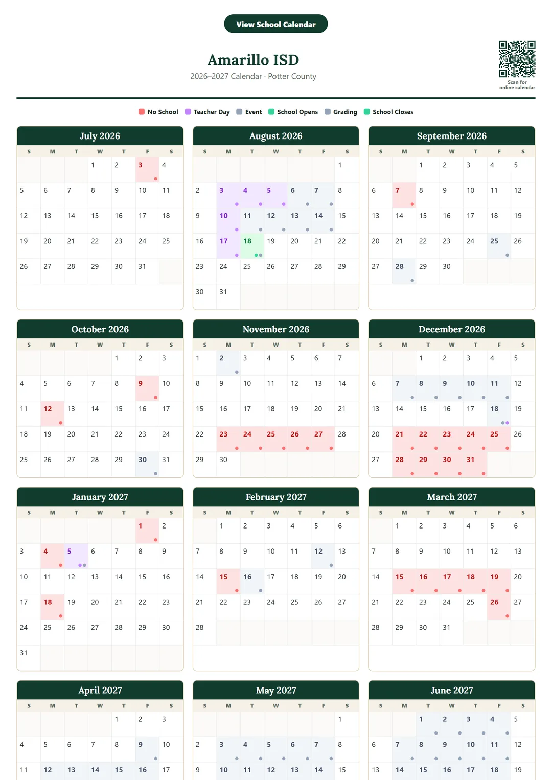 Amarillo ISD printable 2026–2027 calendar
