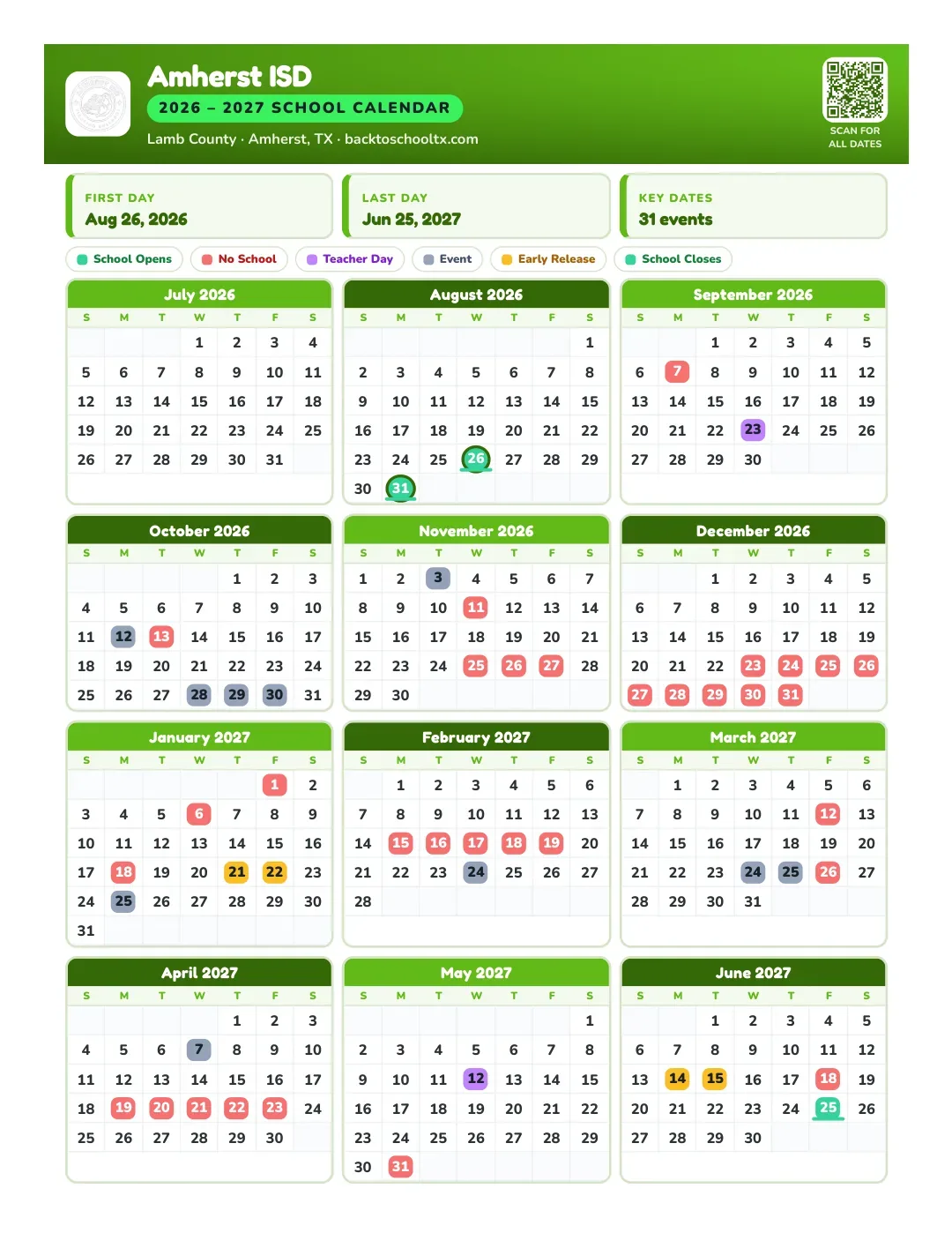 Amherst ISD Calendar for the Year 26-27