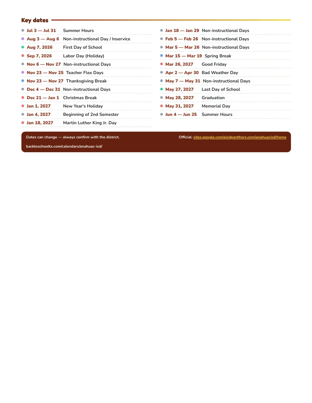 Anahuac ISD Calendar for the Year 26-27 — key dates