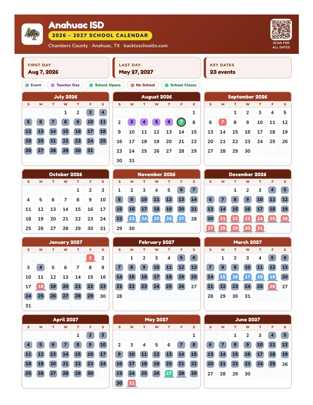 Anahuac ISD Calendar for the Year 26-27