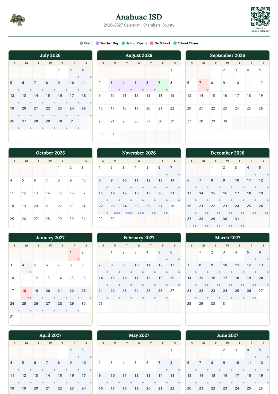 Anahuac ISD printable 2026–2027 calendar