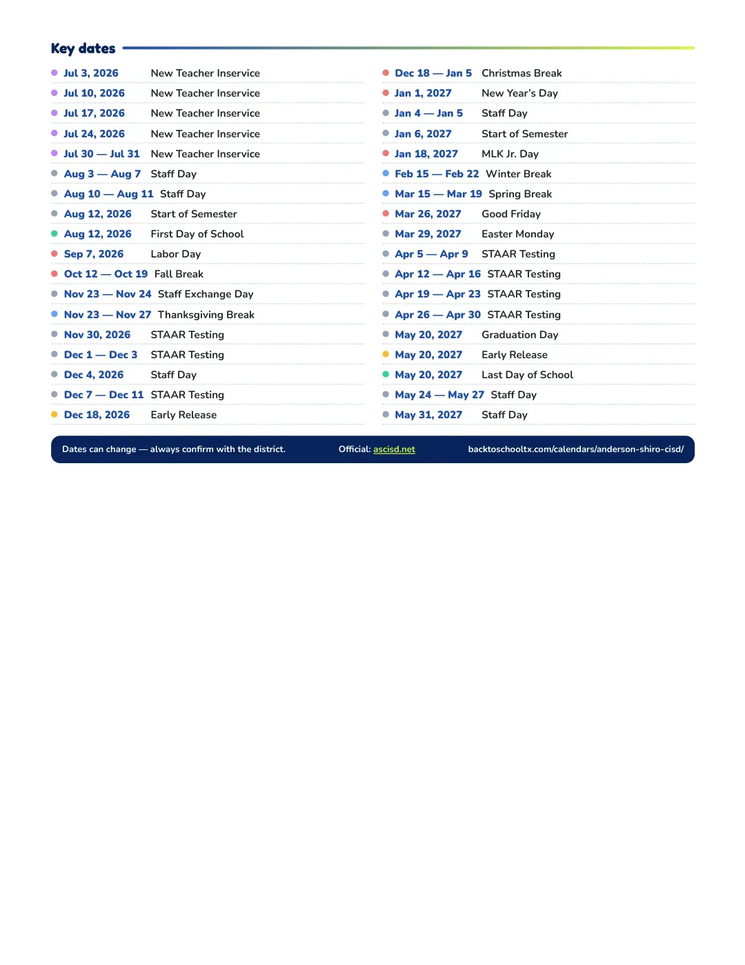 Anderson-shiro CISD Calendar for the Year 26-27 — key dates