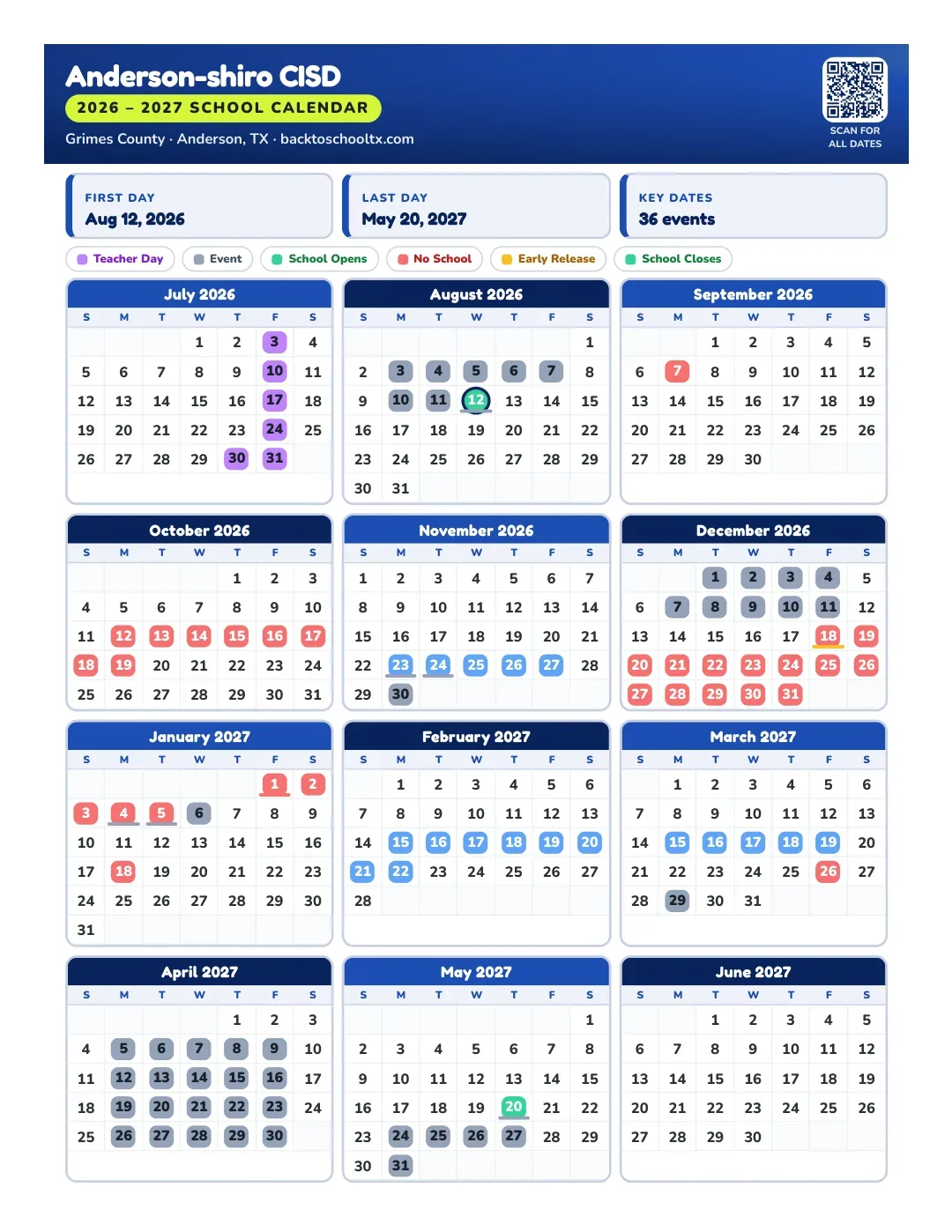 Anderson-shiro CISD Calendar for the Year 26-27