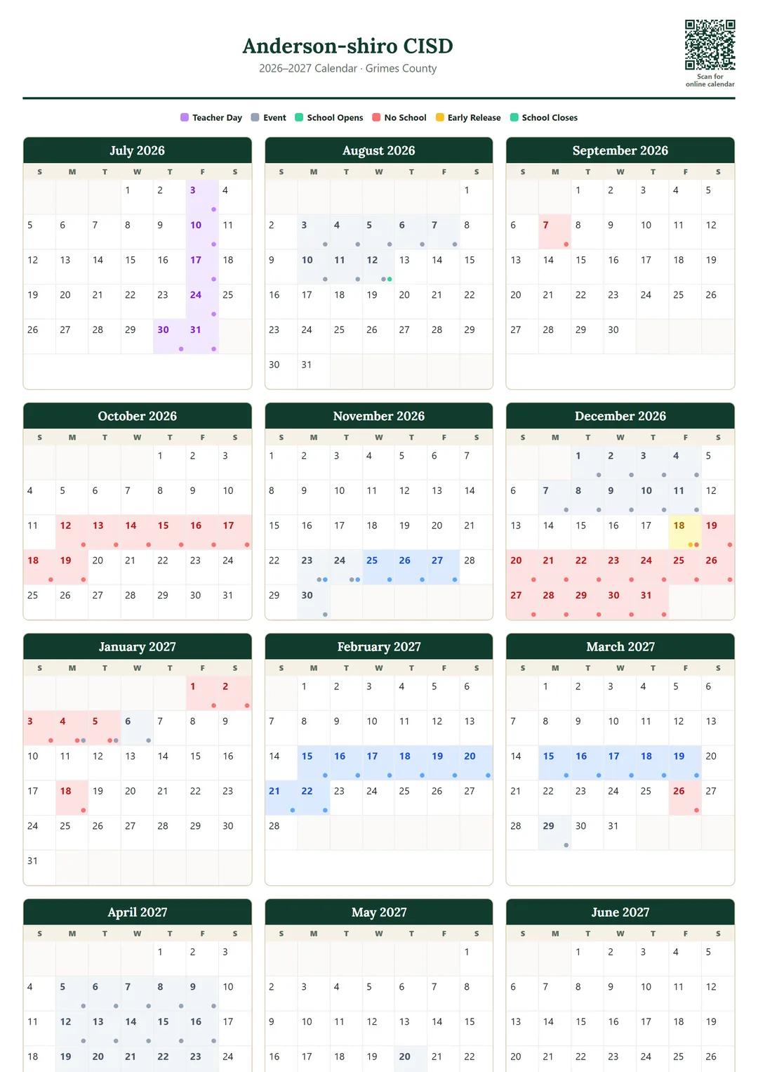Anderson-shiro CISD printable 2026–2027 calendar