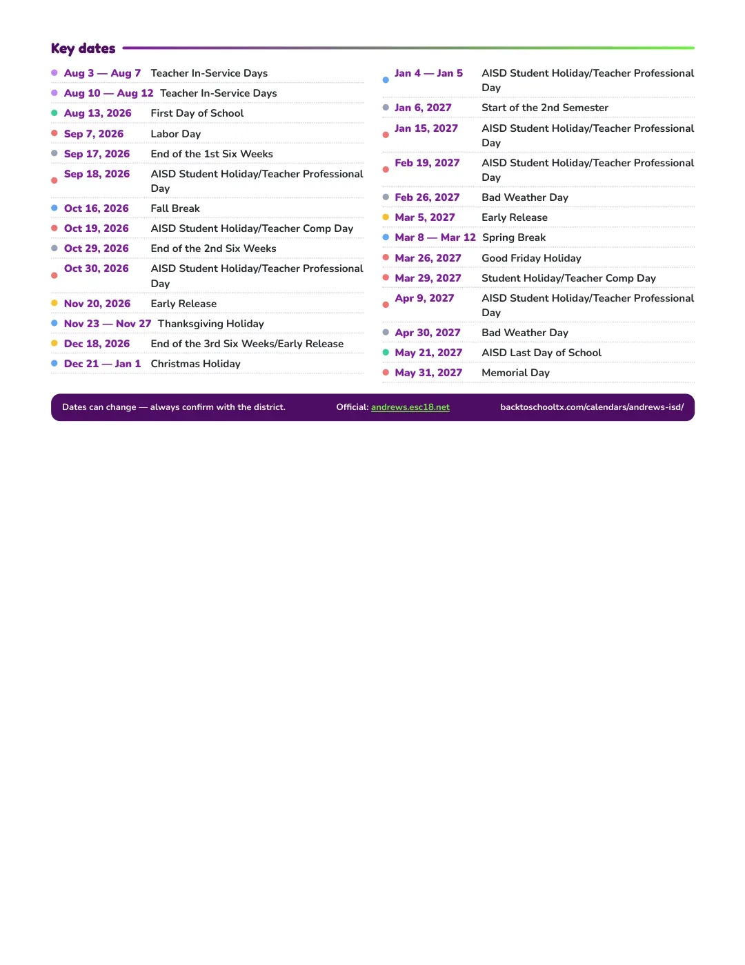 Andrews ISD Calendar for the Year 26-27 — key dates