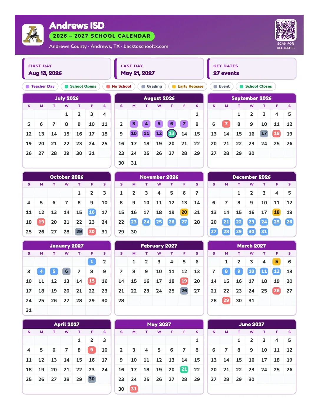 Andrews ISD Calendar for the Year 26-27