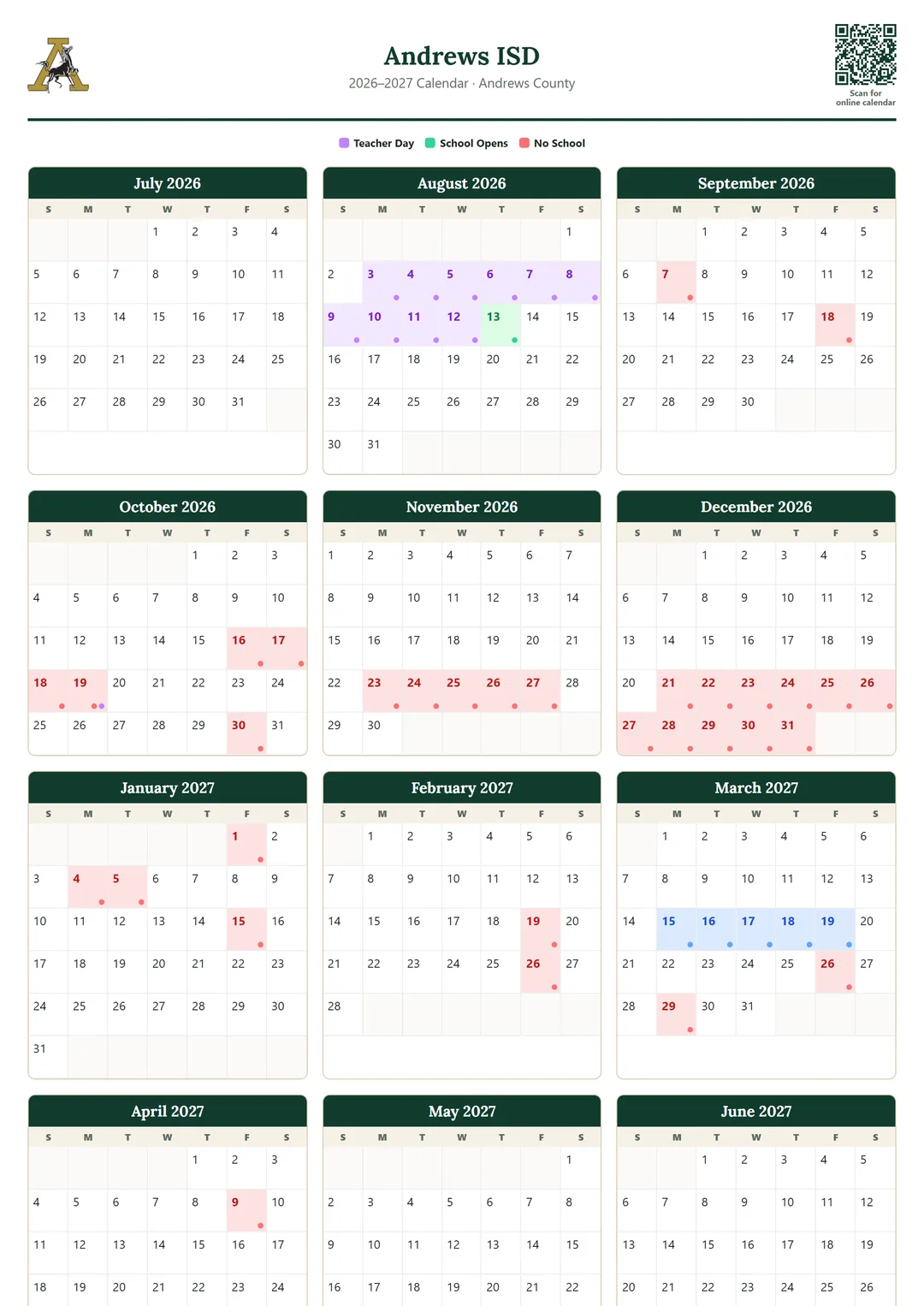 Andrews ISD printable 2026–2027 calendar