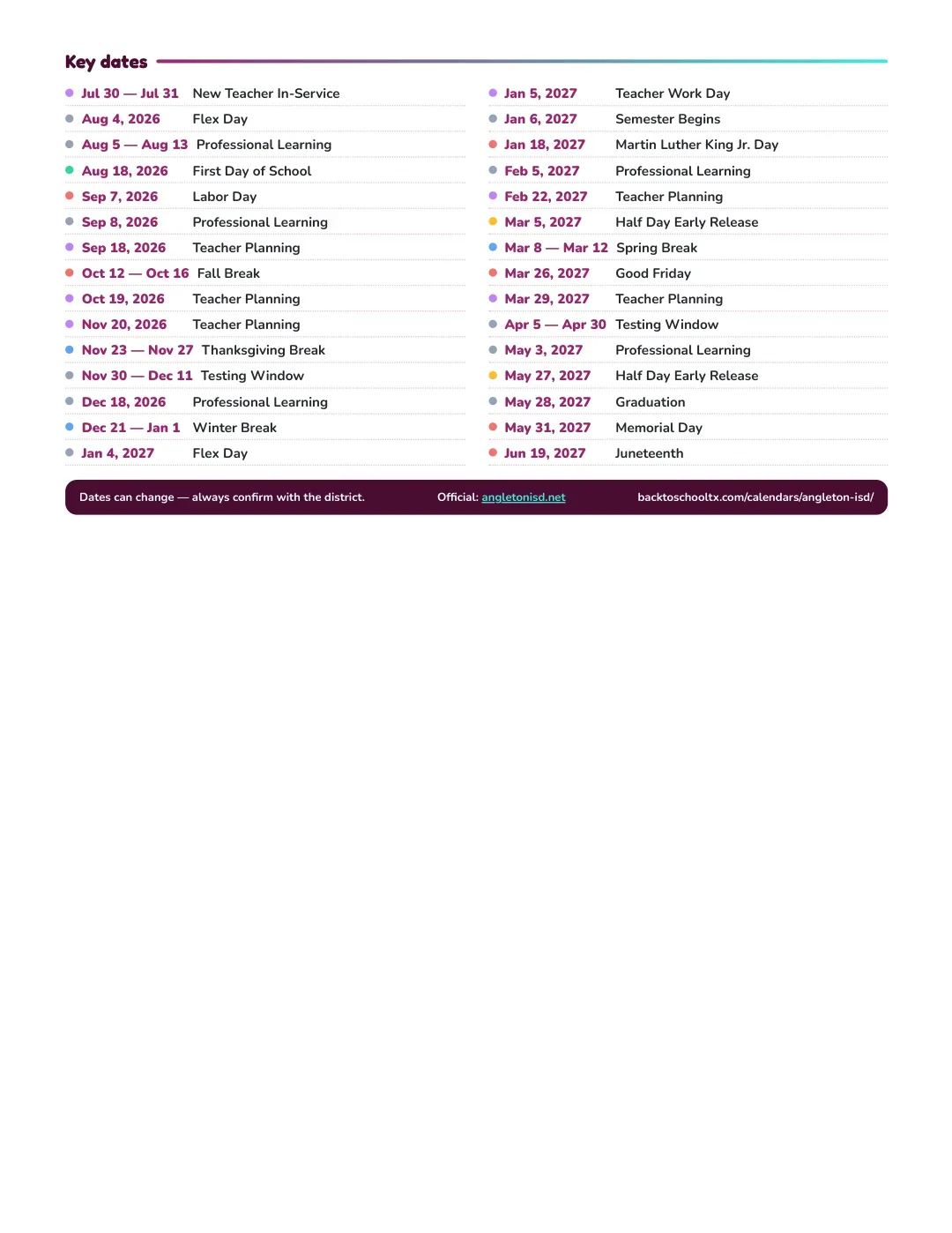 Angleton ISD Calendar for the Year 26-27 — key dates