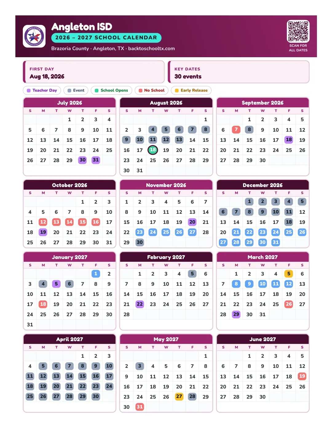 Angleton ISD Calendar for the Year 26-27