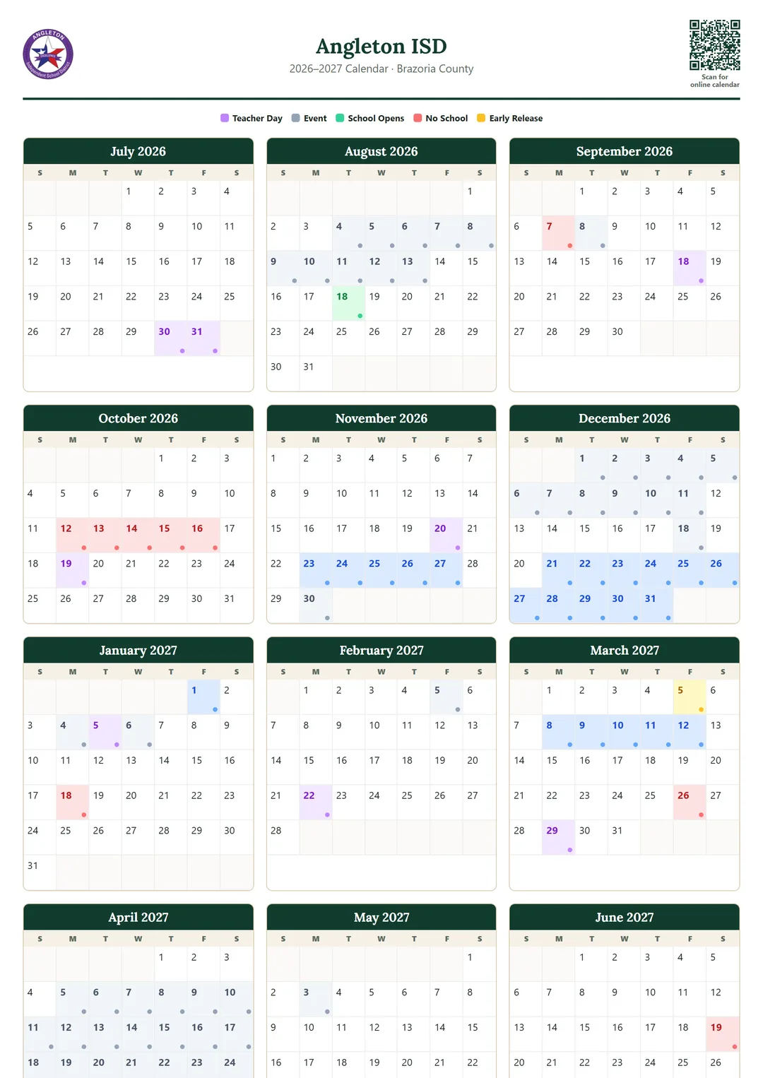 Angleton ISD printable 2026–2027 calendar