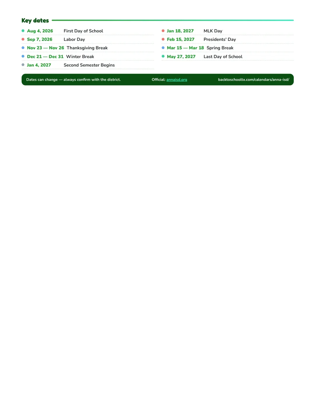 Anna ISD Calendar for the Year 26-27 — key dates