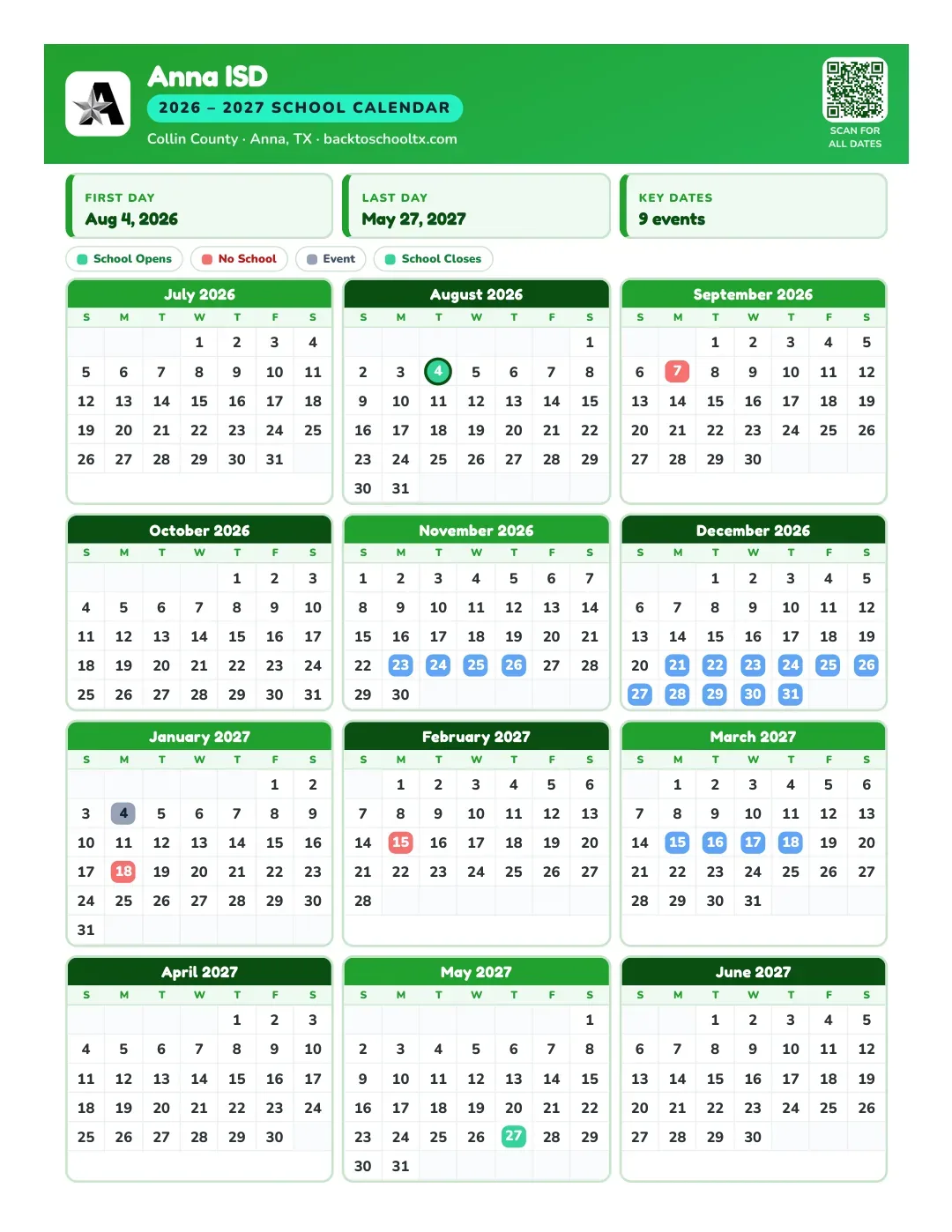 Anna ISD Calendar for the Year 26-27
