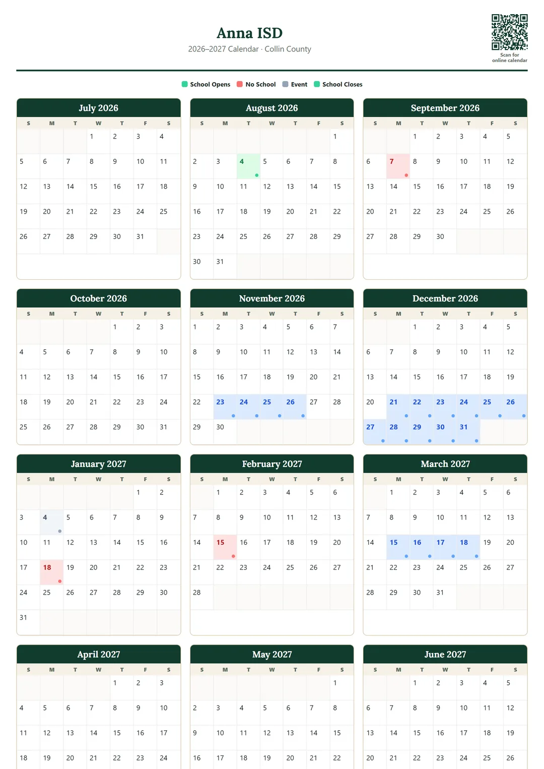 Anna ISD printable 2026–2027 calendar