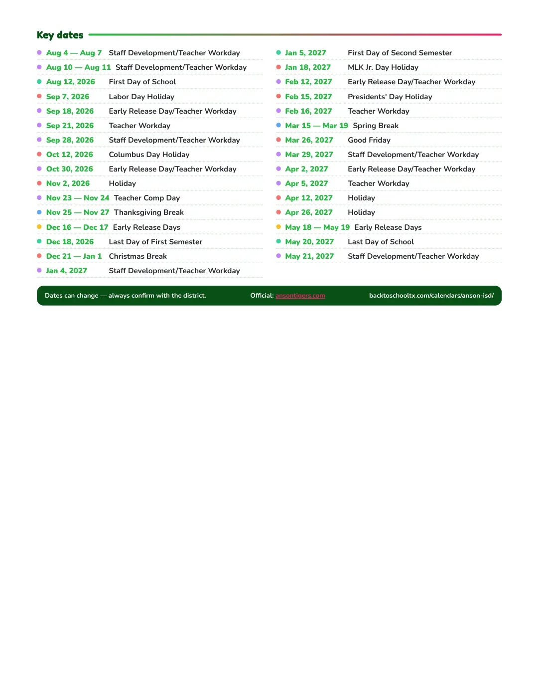 Anson ISD Calendar for the Year 26-27 — key dates