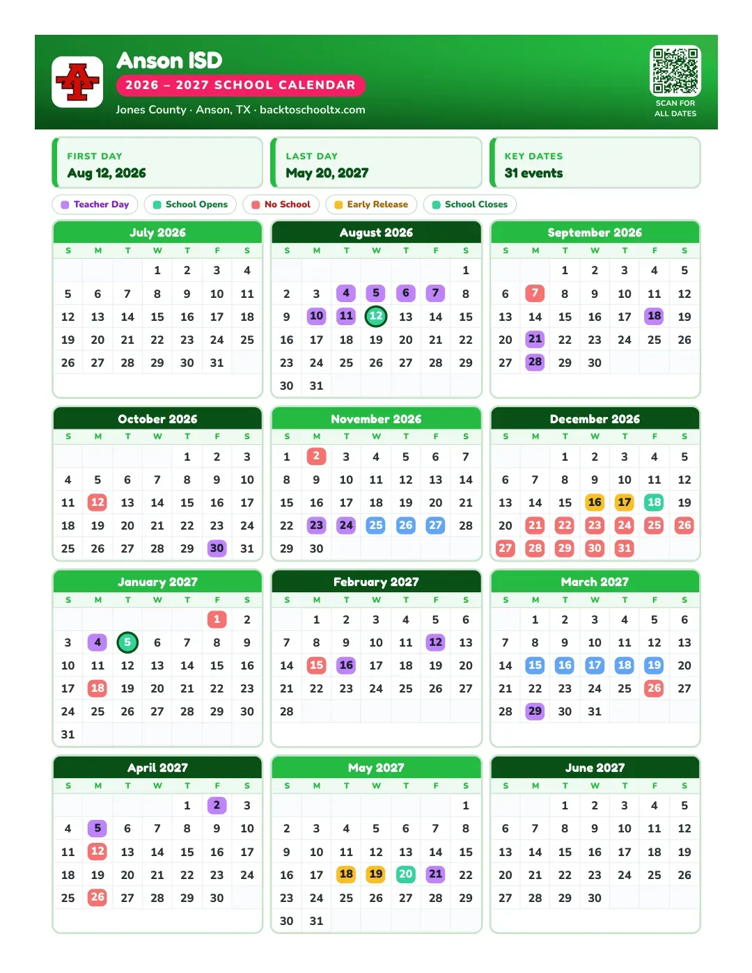 Anson ISD Calendar for the Year 26-27