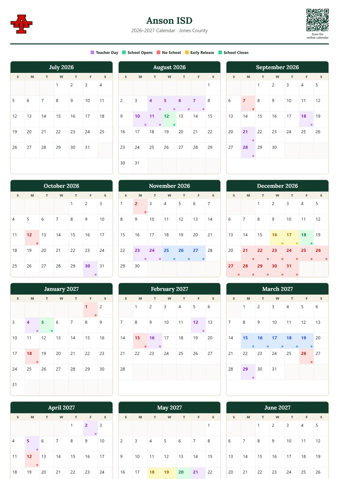 Anson ISD printable 2026–2027 calendar
