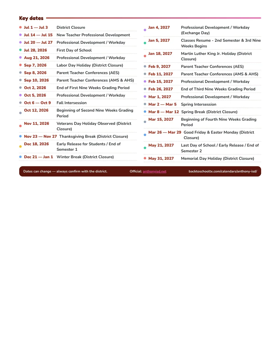 Anthony ISD Calendar for the Year 26-27 — key dates