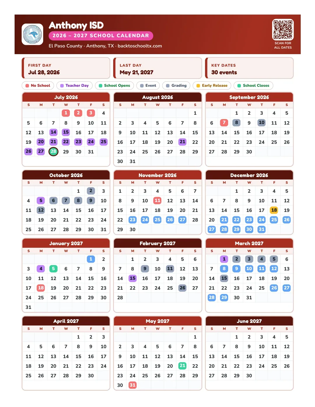 Anthony ISD Calendar for the Year 26-27
