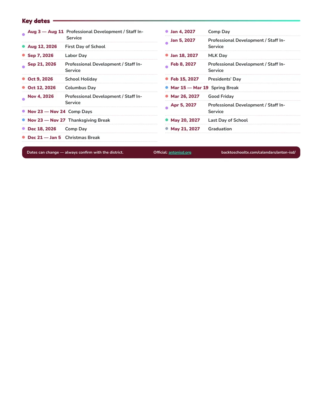 Anton ISD Calendar for the Year 26-27 — key dates