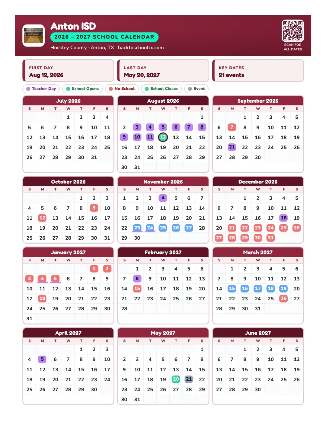Anton ISD Calendar for the Year 26-27