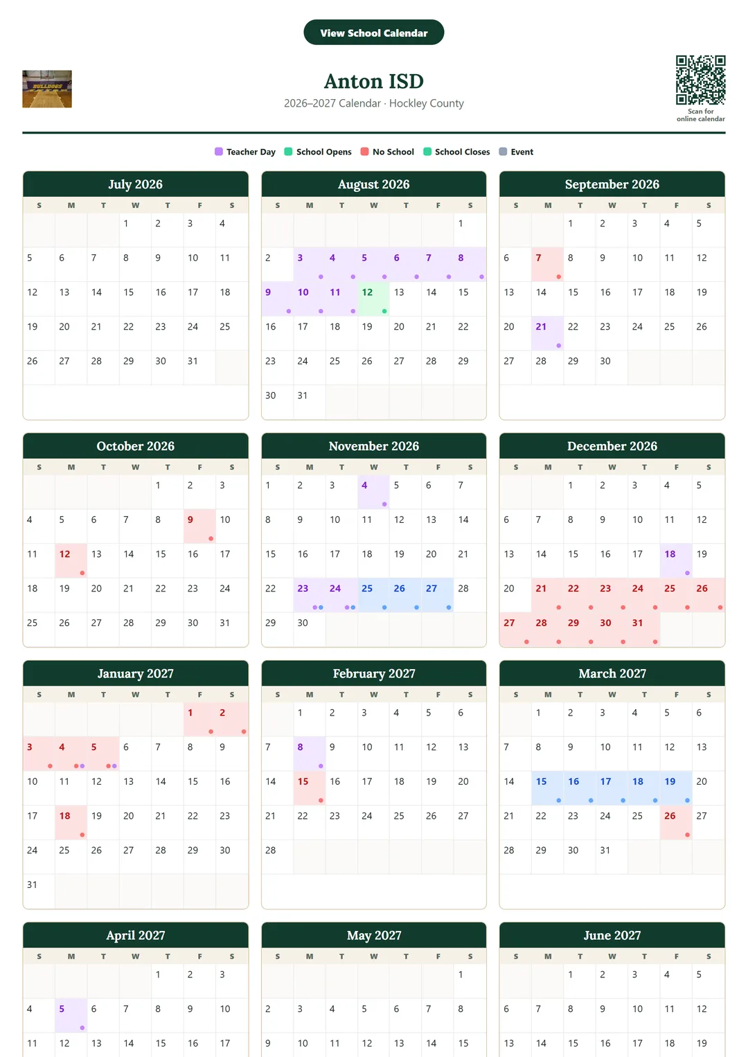 Anton ISD printable 2026–2027 calendar