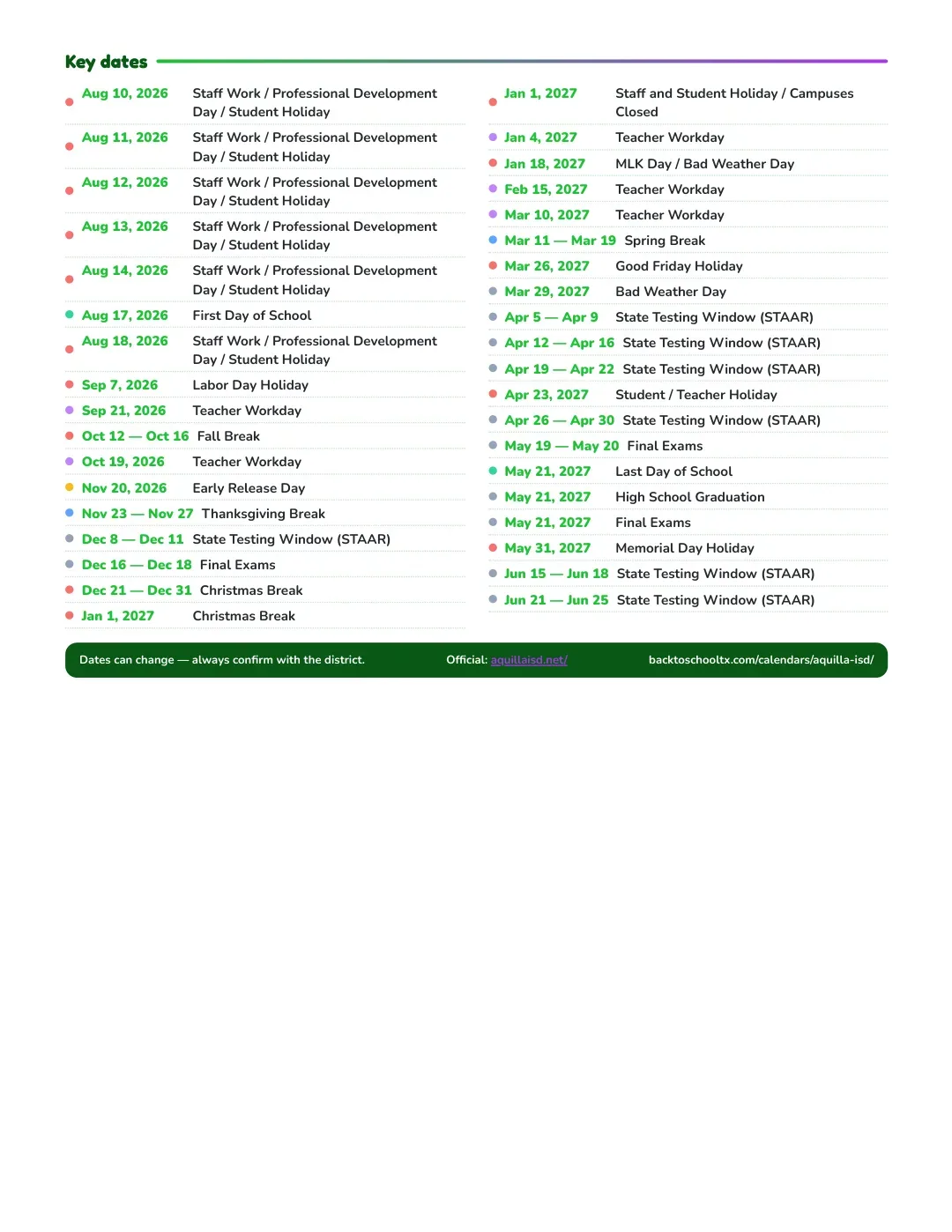 Aquilla ISD Calendar for the Year 26-27 — key dates
