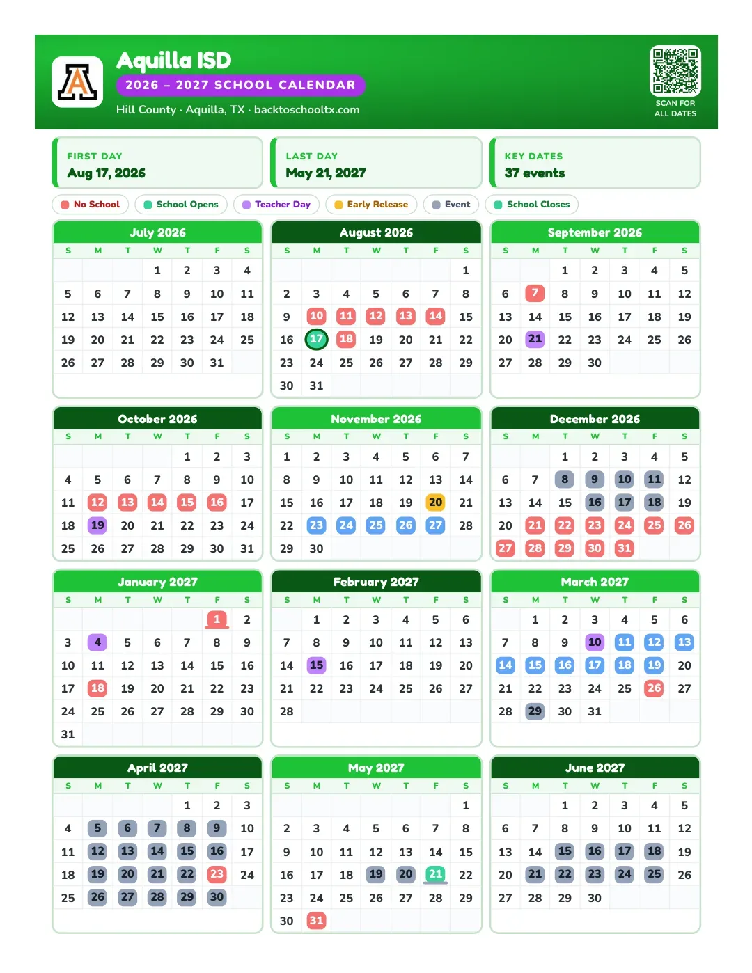 Aquilla ISD Calendar for the Year 26-27