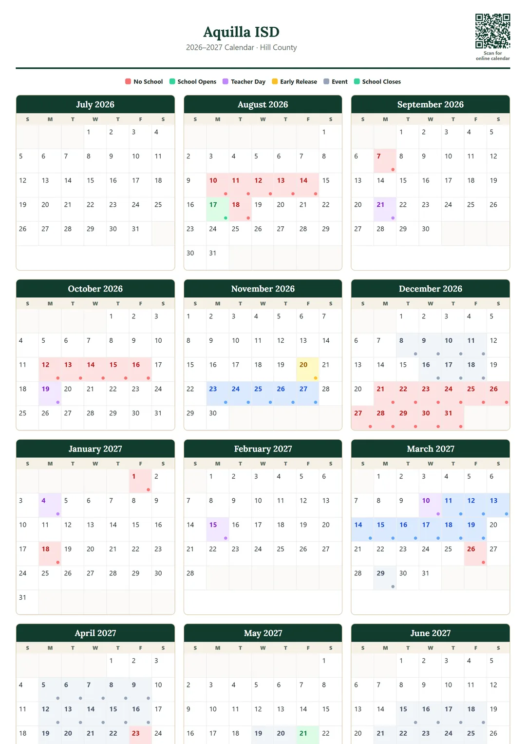 Aquilla ISD printable 2026–2027 calendar