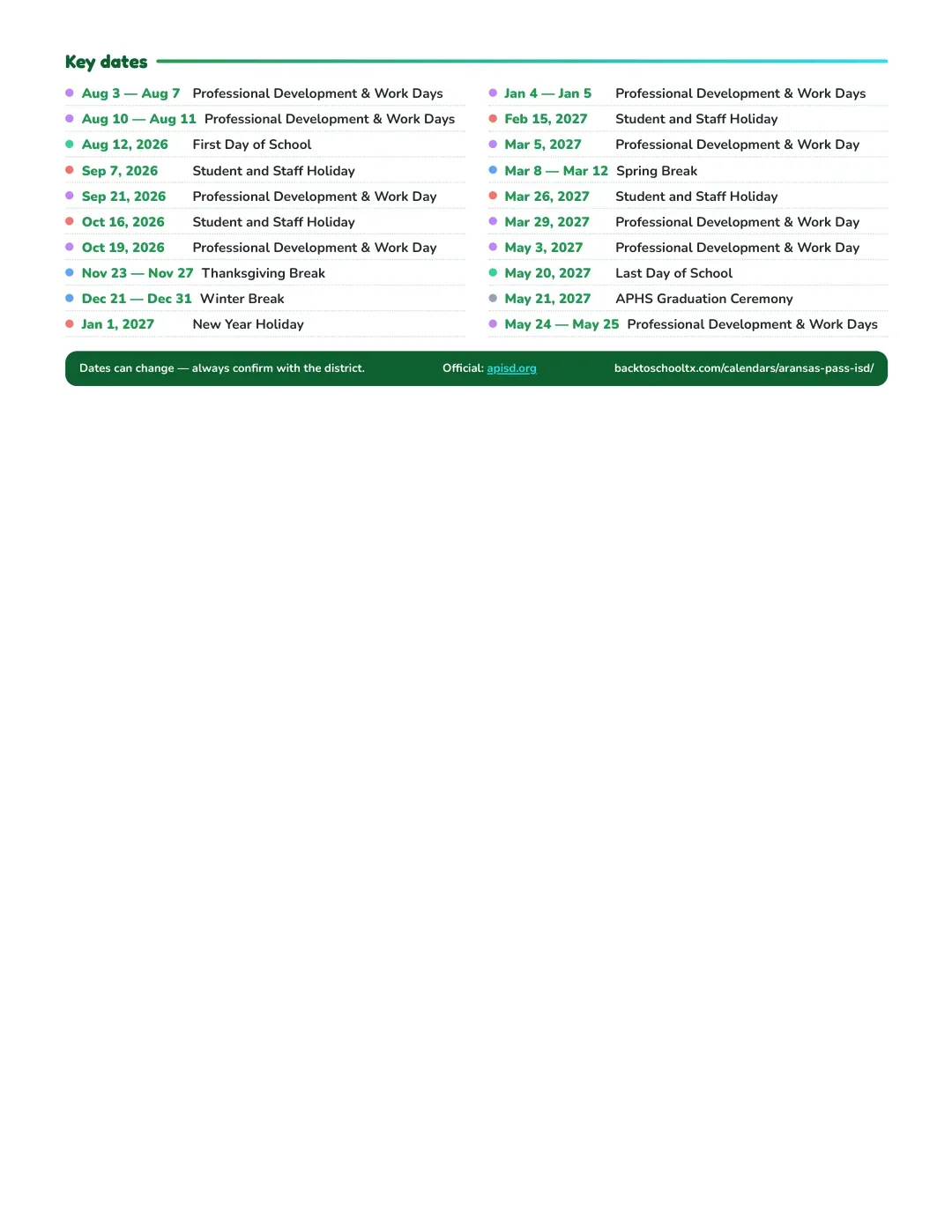 Aransas Pass ISD Calendar for the Year 26-27 — key dates