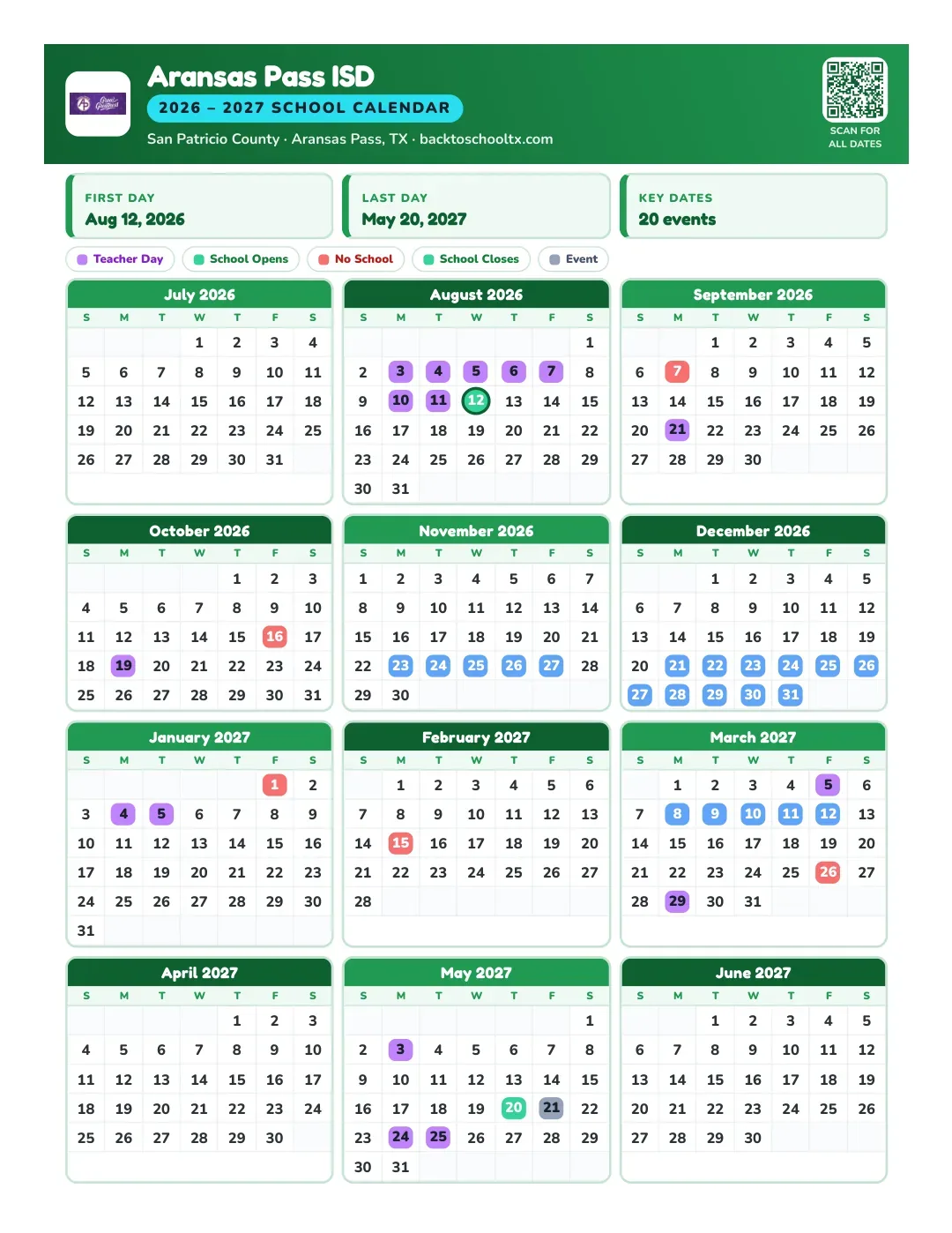 Aransas Pass ISD Calendar for the Year 26-27