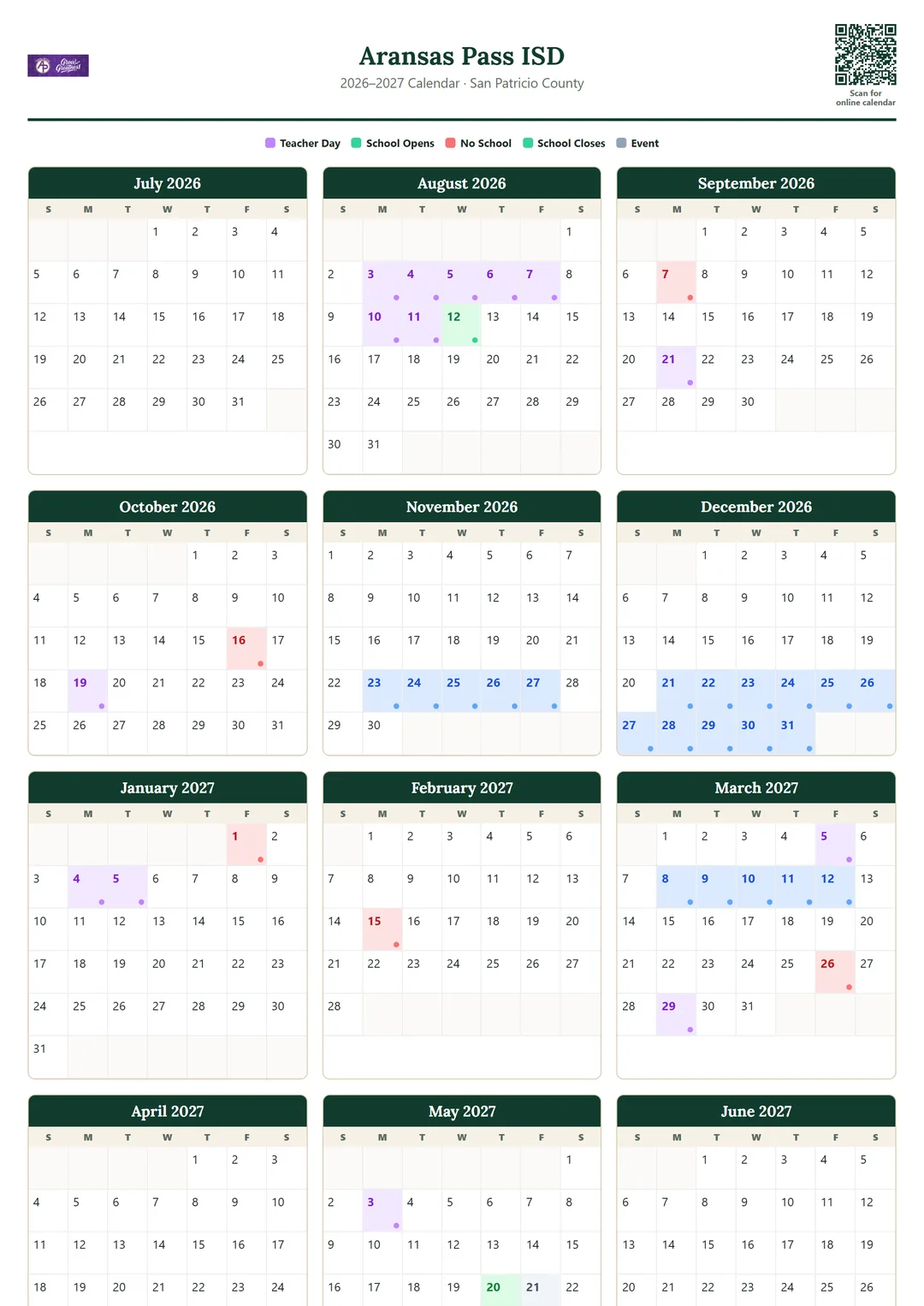 Aransas Pass ISD printable 2026–2027 calendar