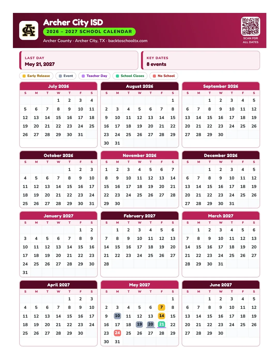 Archer City ISD Calendar for the Year 26-27