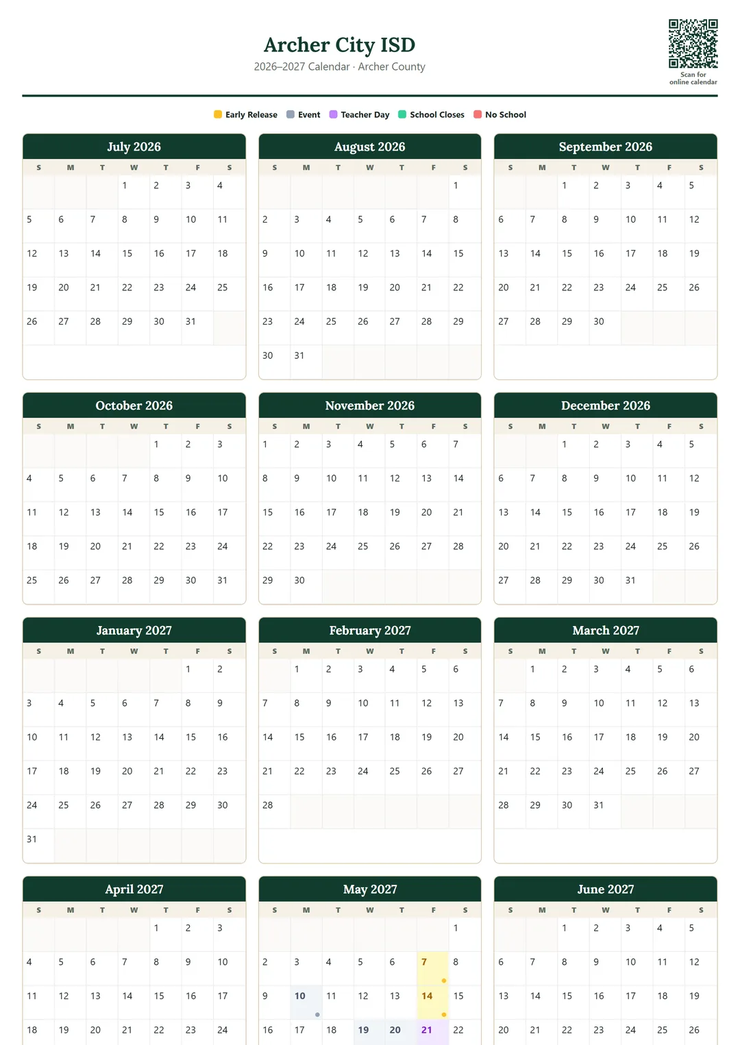 Archer City ISD printable 2026–2027 calendar