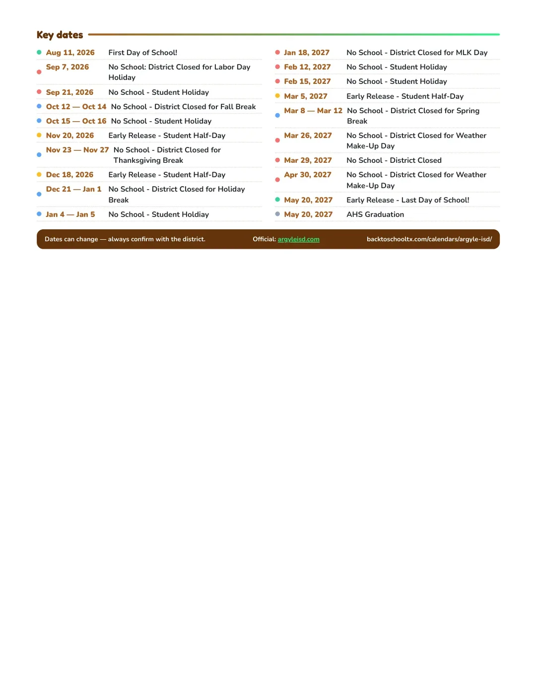 Argyle ISD Calendar for the Year 26-27 — key dates