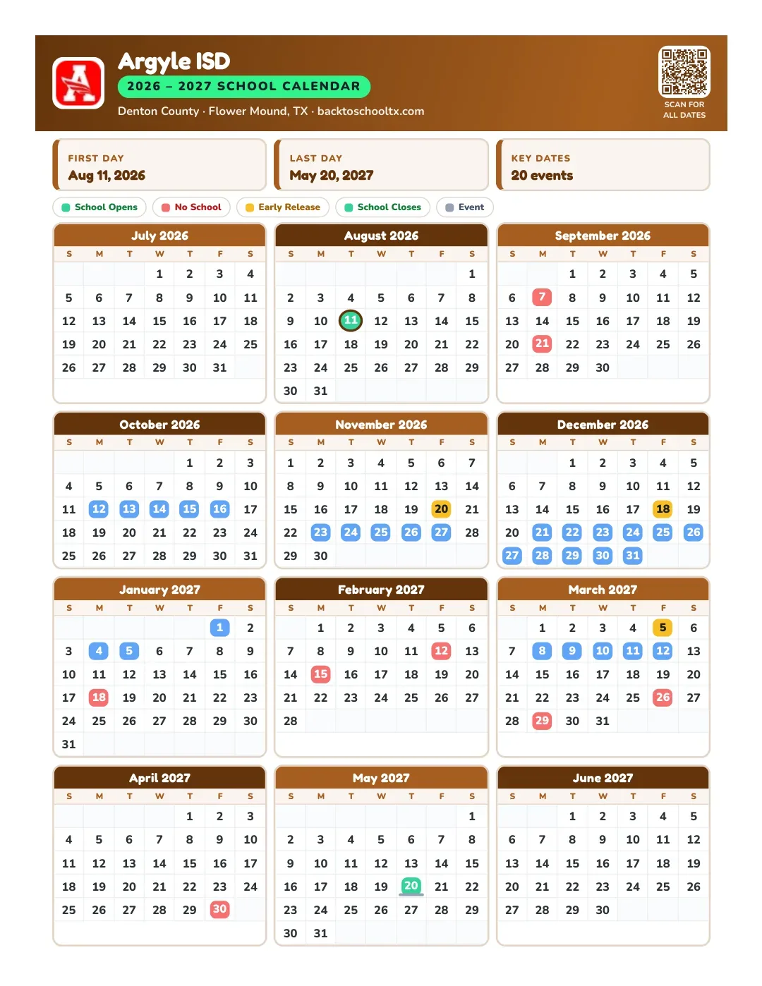 Argyle ISD Calendar for the Year 26-27