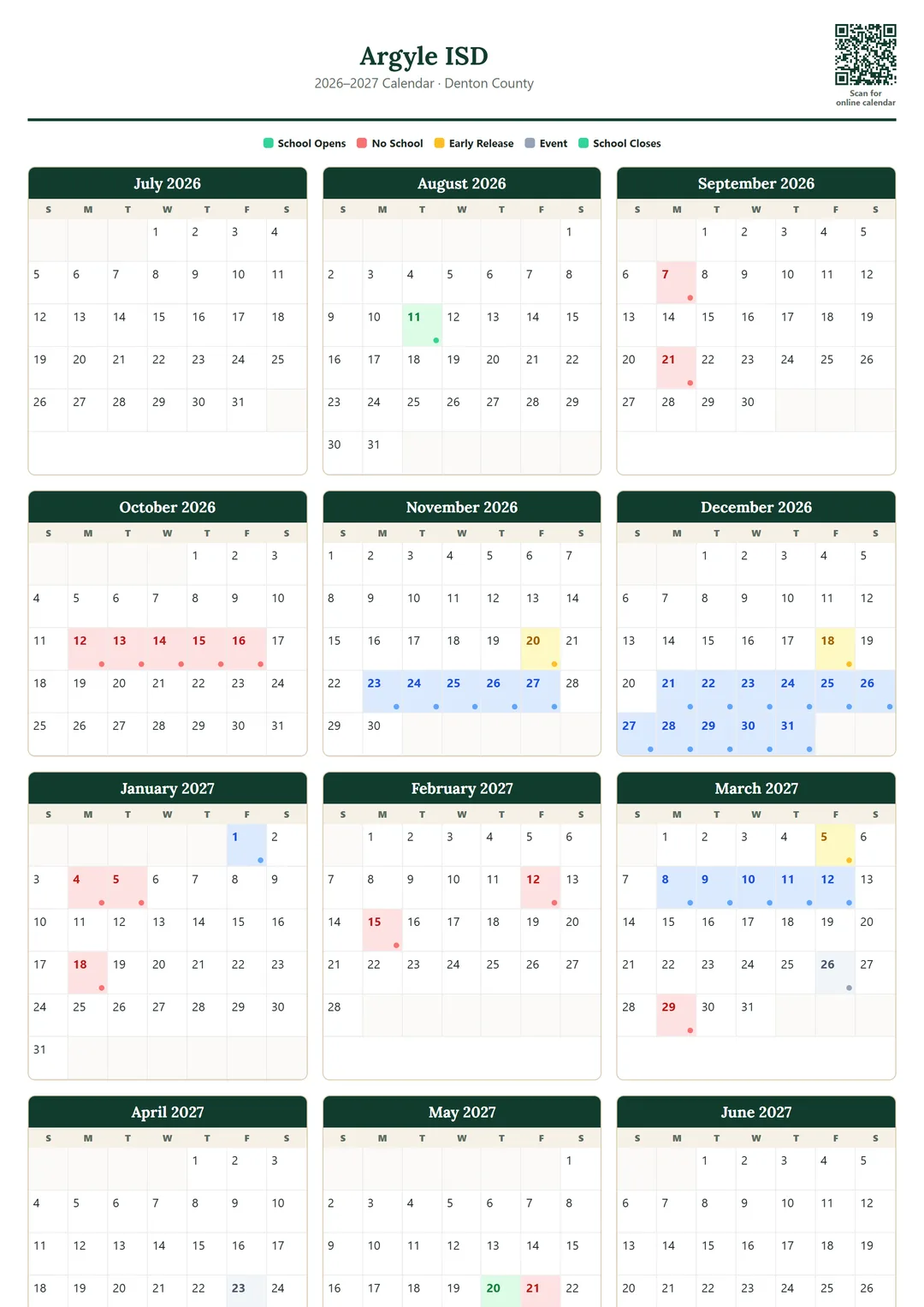 Argyle ISD printable 2026–2027 calendar