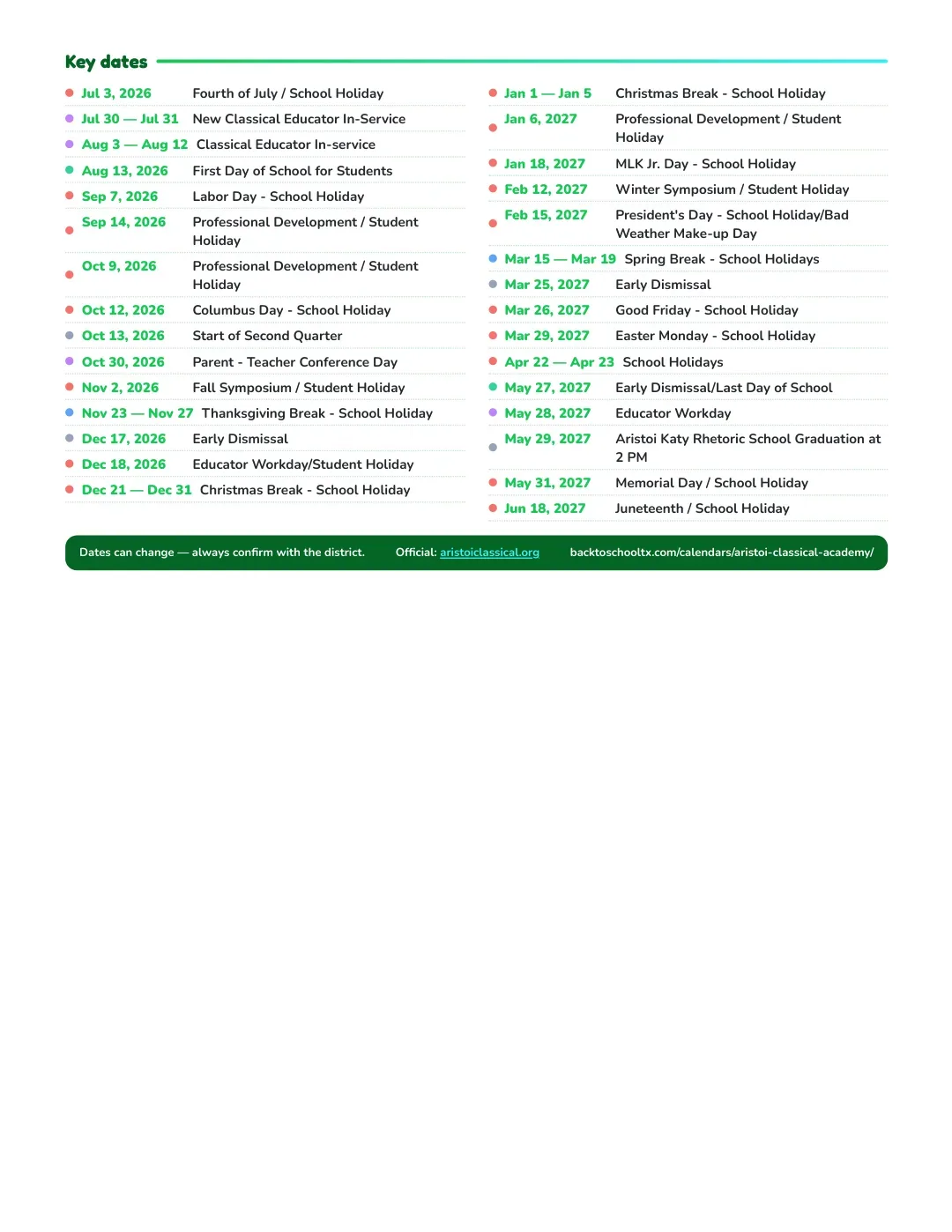 Aristoi Classical Academy Calendar for the Year 26-27 — key dates