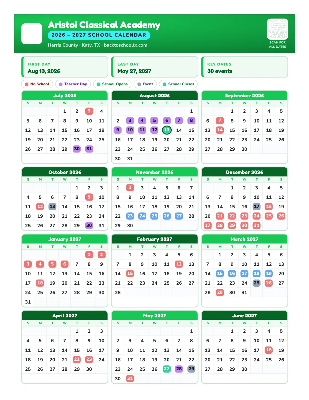 Aristoi Classical Academy Calendar for the Year 26-27