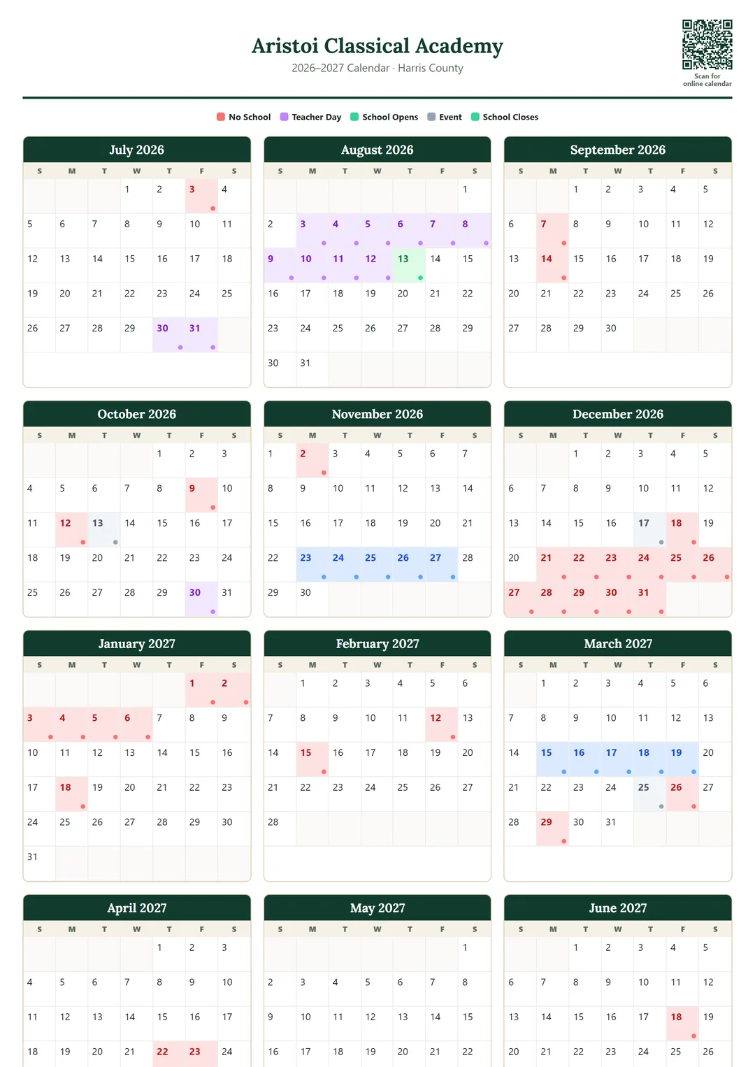 Aristoi Classical Academy printable 2026–2027 calendar