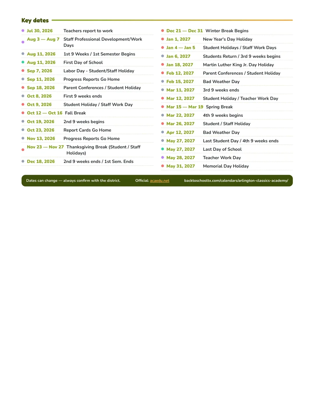 Arlington Classics Academy Calendar for the Year 26-27 — key dates