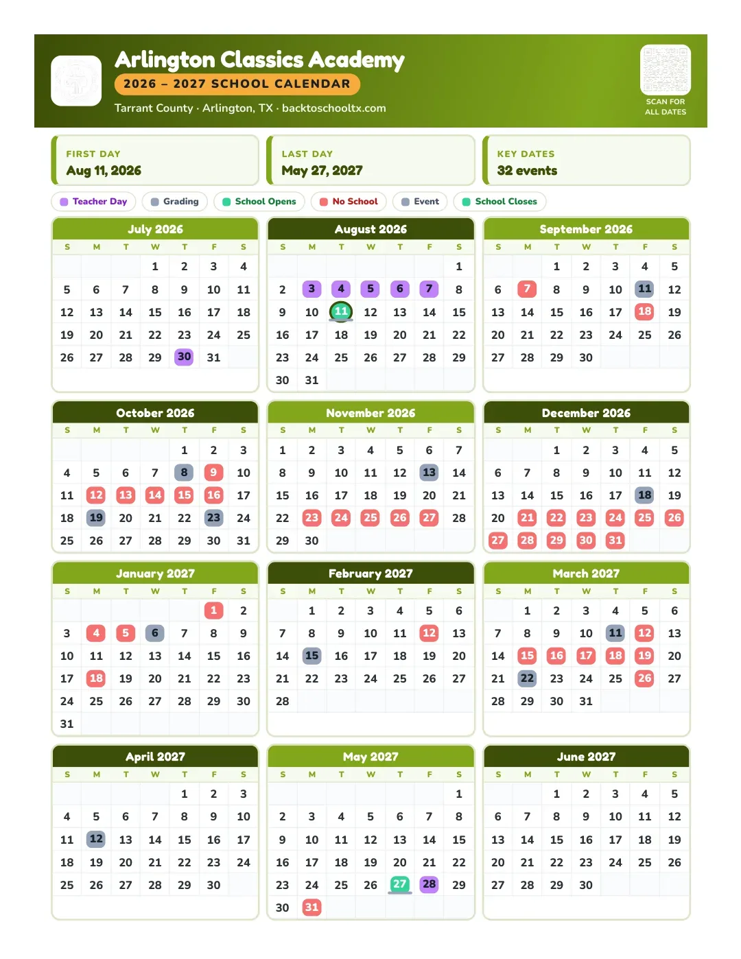 Arlington Classics Academy Calendar for the Year 26-27