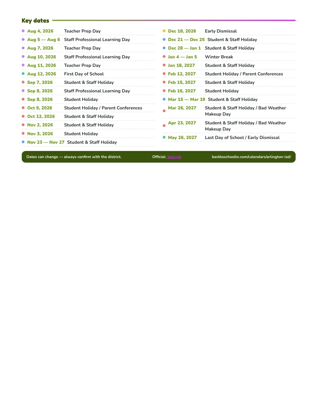 Arlington ISD Calendar for the Year 26-27 — key dates