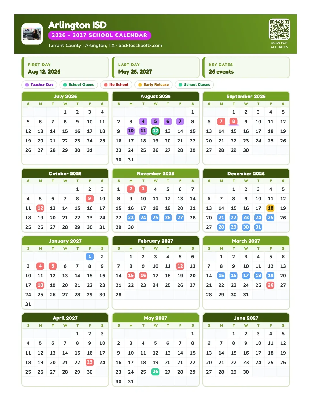 Arlington ISD Calendar for the Year 26-27