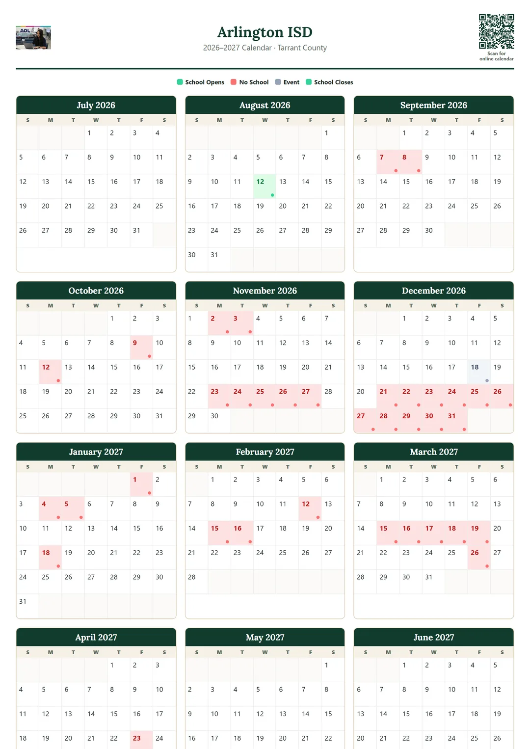 Arlington ISD printable 2026–2027 calendar