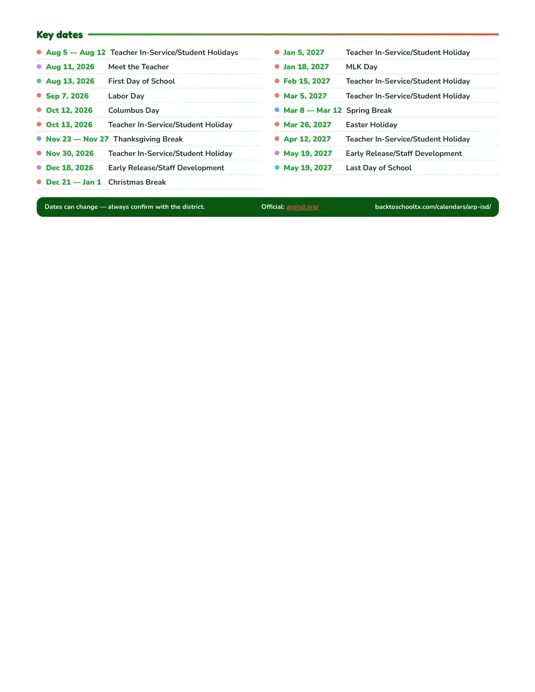 Arp ISD Calendar for the Year 26-27 — key dates