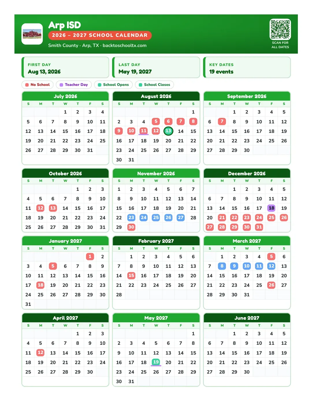 Arp ISD Calendar for the Year 26-27