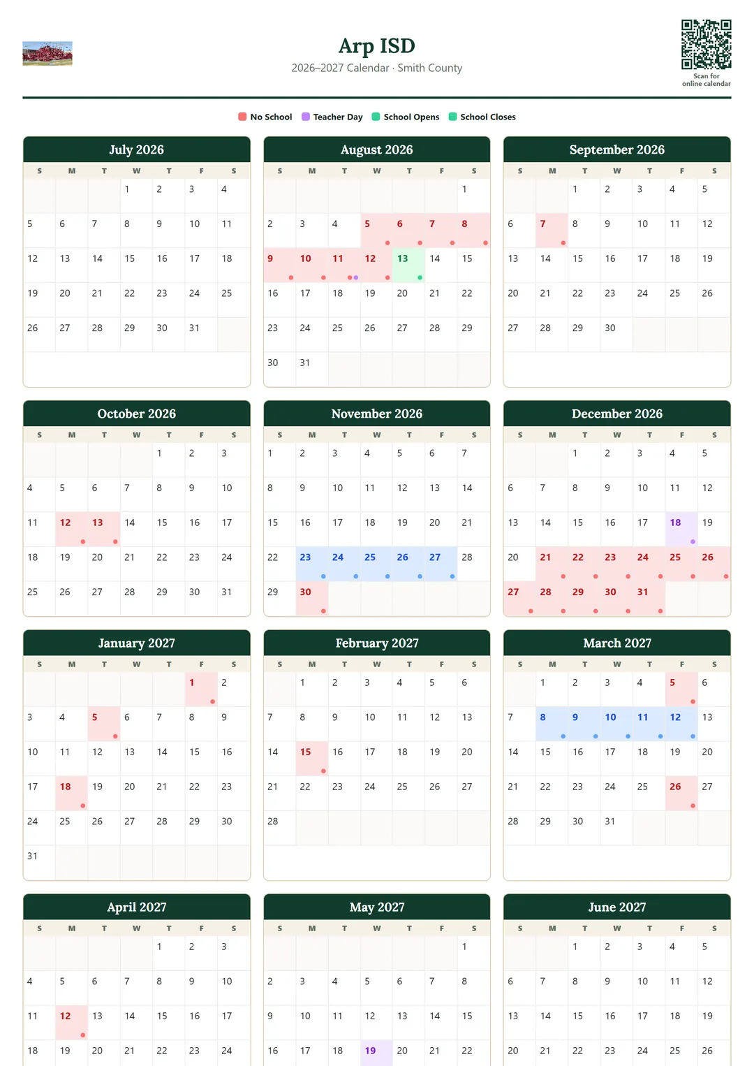 Arp ISD printable 2026–2027 calendar
